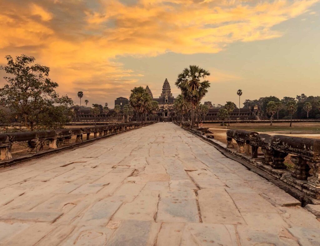 Ancient stone causeway leading to Angkor Wat in Cambodia