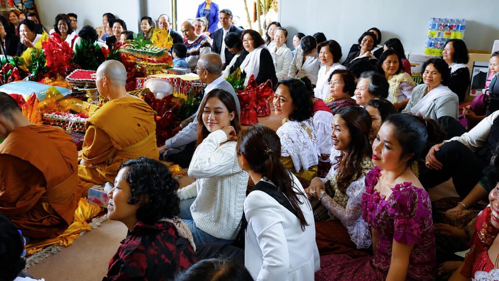 Monks and Khmer Buddhist community gathered with offerings during the Kathina ceremony at Wat Buddharangsi Melbourne