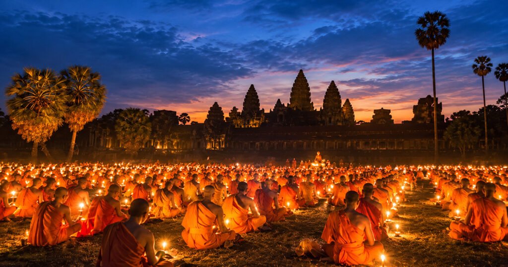 Chol Vossa ceremony with Buddhist monks and Vossa candles at a Cambodian temple