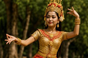 Khmer classical dancer representing Cambodian culture and traditions at Wat Buddharangsi Melbourne