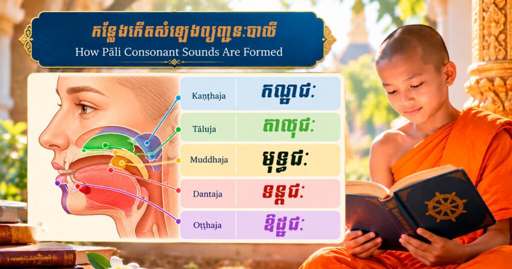 Pāli consonant pronunciation guide showing Kaṇṭhaja, Tāluja, Muddhaja, Dantaja and Oṭṭhaja sound positions